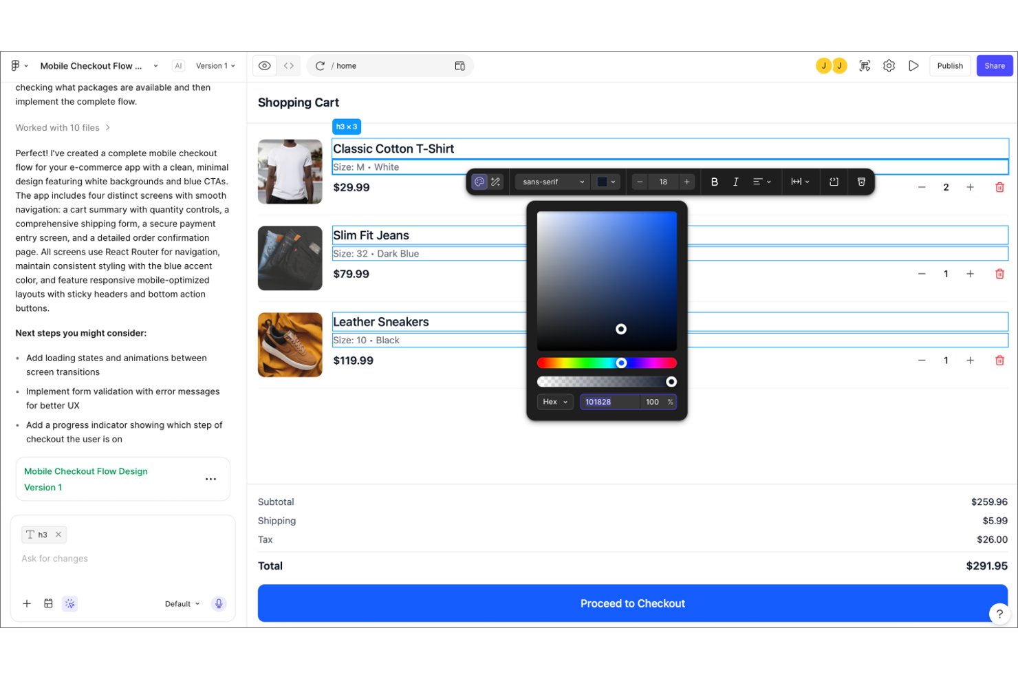 Interfaz de prototipo de carrito de compras de Figma con el selector de color abierto que muestra el valor hexadecimal 101828.