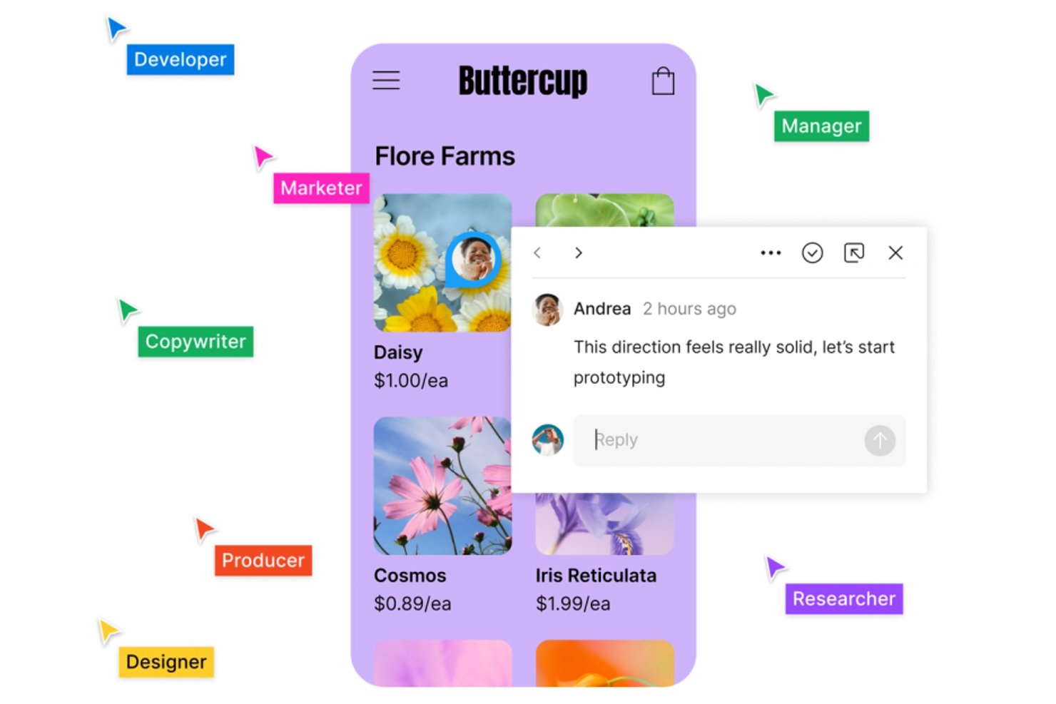 Figma prototype of a flower shop app with team collaboration comment overlay.