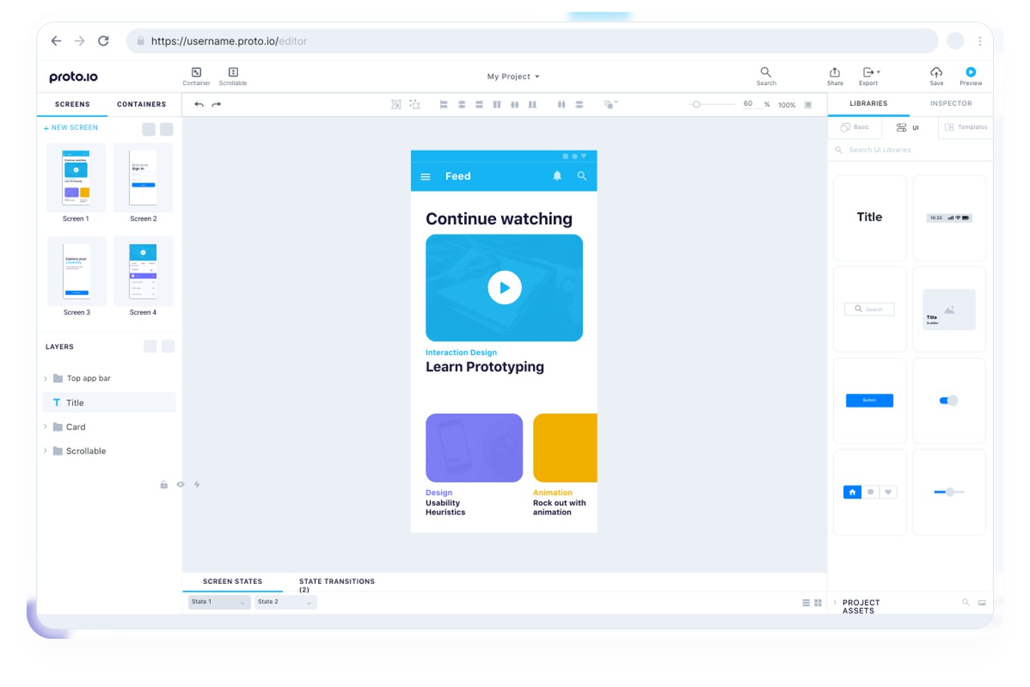 Editor de Proto.io que muestra un prototipo de aplicación móvil con un canal de vídeos y un panel de bibliotecas de interfaz de usuario.