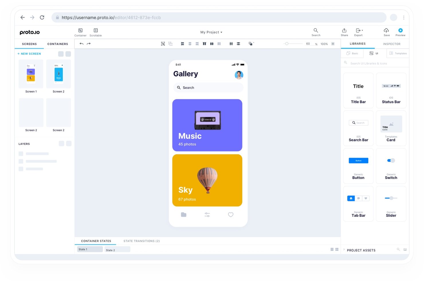 Proto.io editor showing a Gallery app prototype with UI component libraries panel.