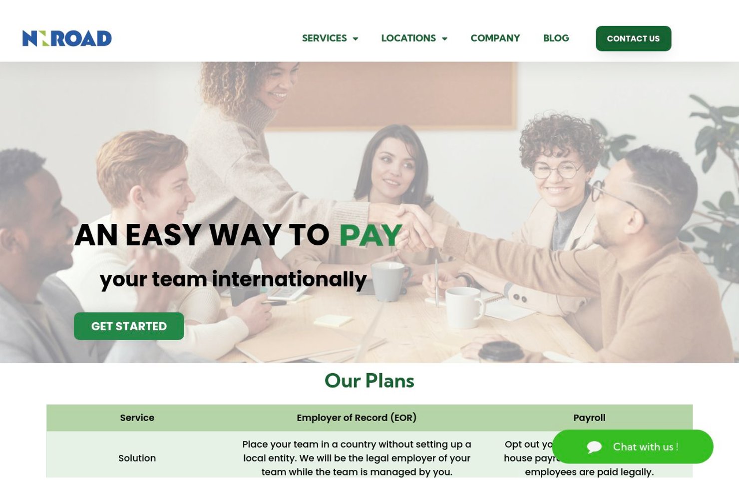 NNRoad-homepage met een vergelijkingstabel van plannen voor internationale salarisverwerking en EOR-diensten.