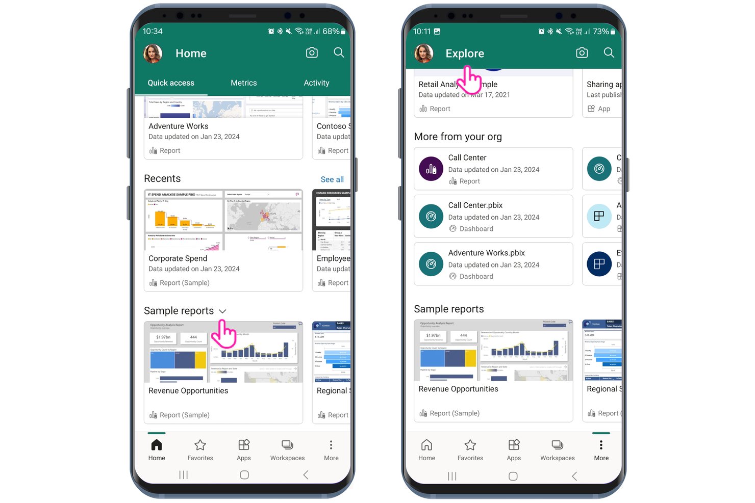 Two mobile screens showing Microsoft Power BI Home and Explore pages with reports.