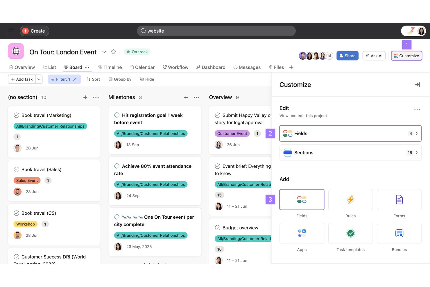 Vue en tableau d’Asana affichant les tâches du projet avec le panneau Personnaliser ouvert à droite.