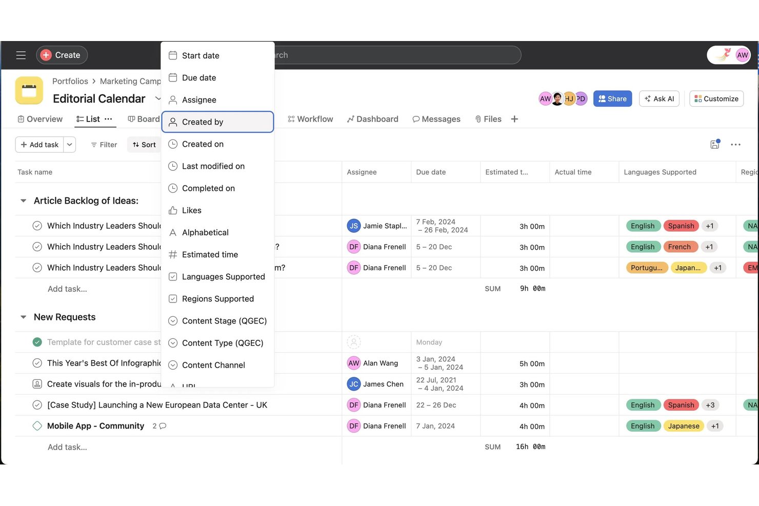 Asana Editorial Calendar list view with sort options dropdown menu open.