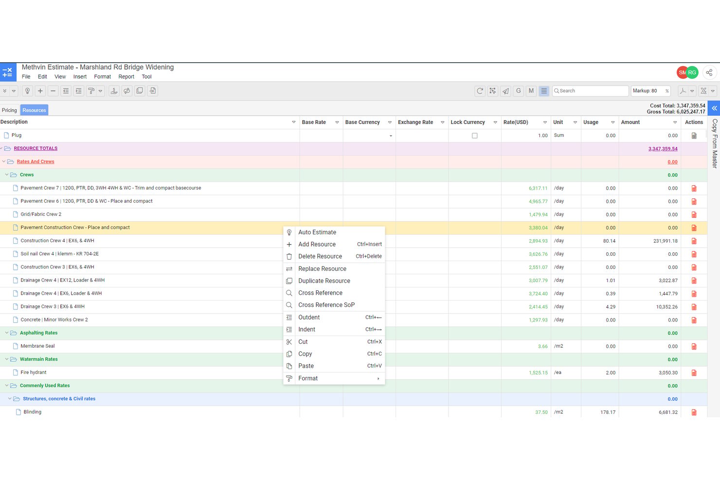 Methvin resource list with right-click context menu showing edit options.