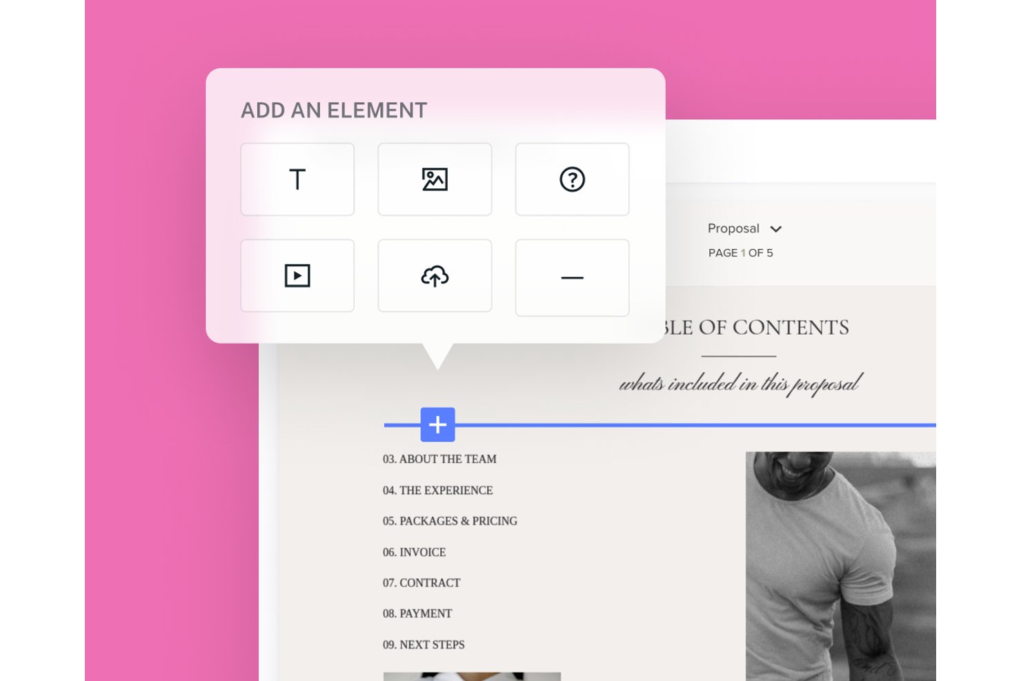 HoneyBooks offertredigerare som visar popup-fönstret 'Lägg till ett element' med ikoner för text, bild, video och filuppladdning.