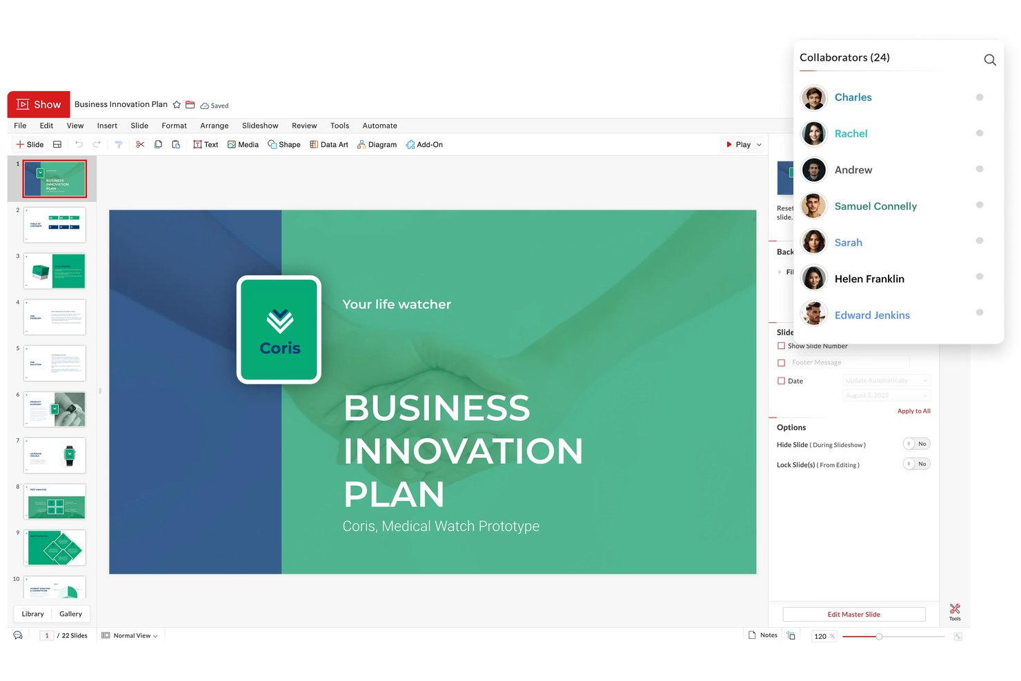 Zoho Show presentation editor with collaborators panel showing 24 users.