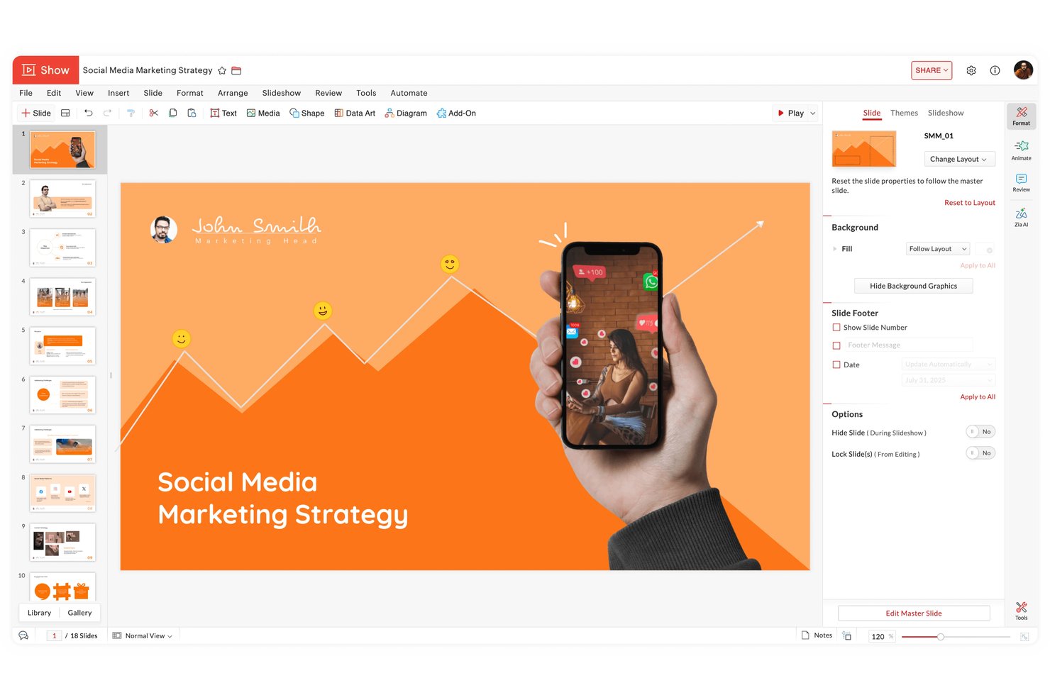 Zoho Show presentation editor displaying a Social Media Marketing Strategy slide with orange design.