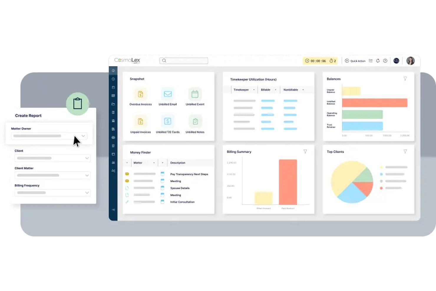 CosmoLex dashboard showing billing summary, balances, snapshots, and a Create Report form.