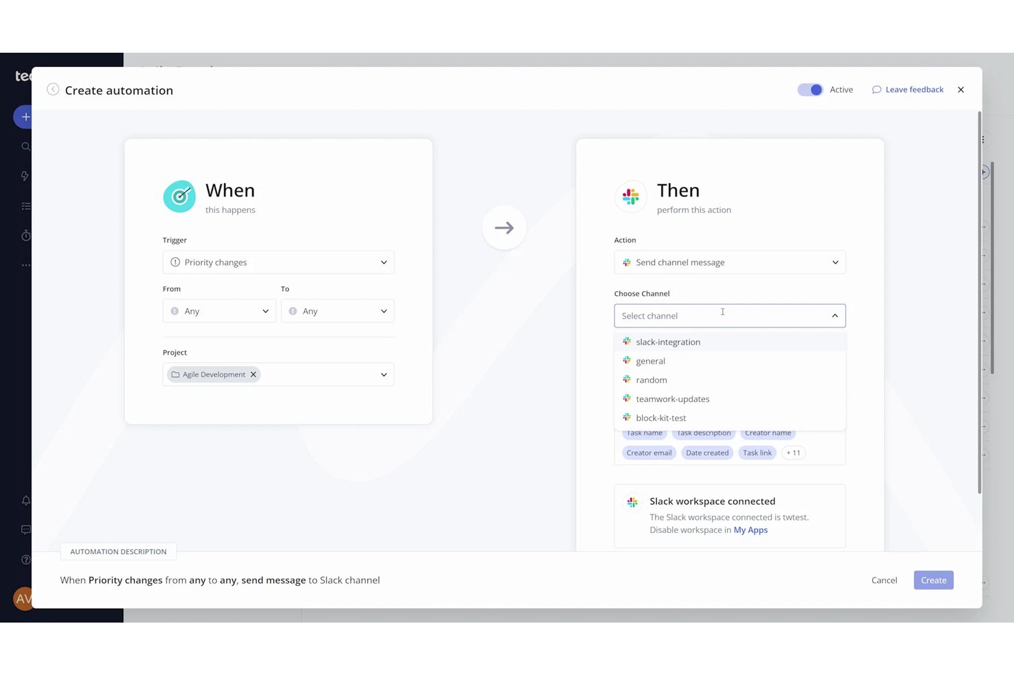 Teamwork.com automation dialog sending a Slack channel message when priority changes.