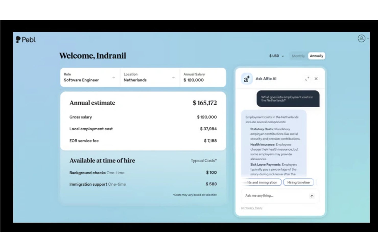 Pebl dashboard showing Software Engineer salary and employment cost estimate for Netherlands.