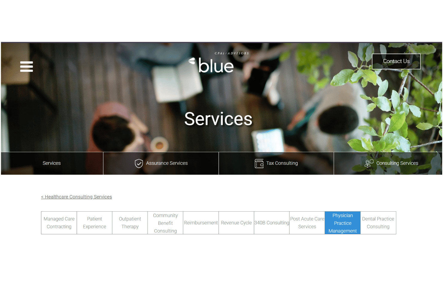 Blue &amp; Co. covers tax, valuations, contracting, and physician practice advisory.