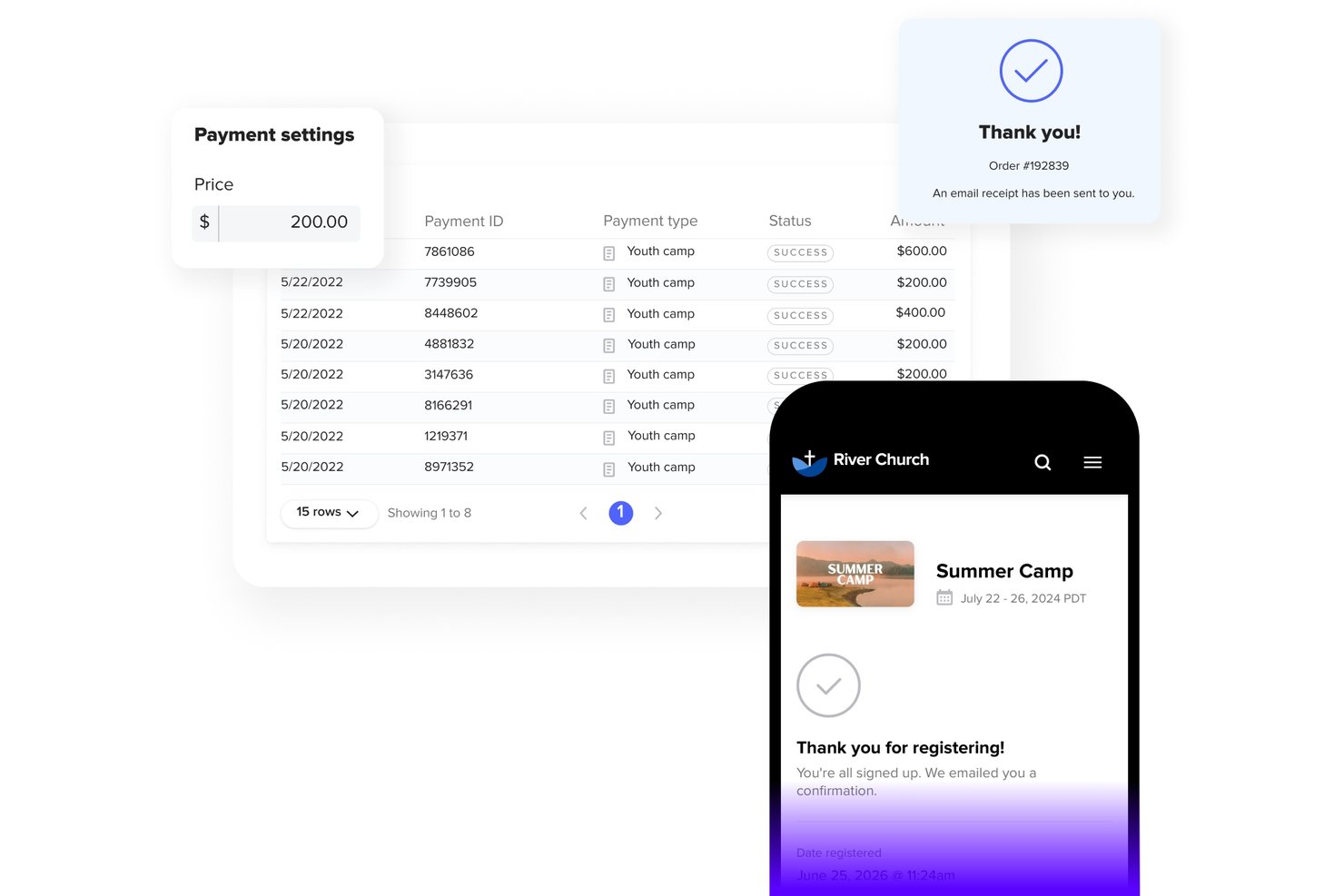 Dashboard voor evenementbetalingen van Subsplash met transacties voor het jeugdkamp en een mobiel scherm met de bevestiging van de registratie voor het zomerkamp.
