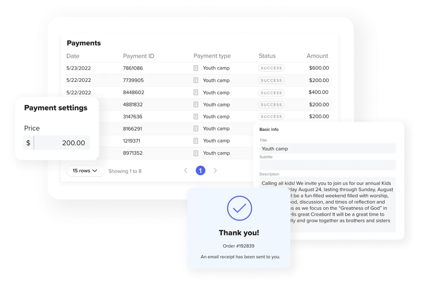 Subsplash payments dashboard showing Youth Camp transactions, payment settings, and order confirmation screen.