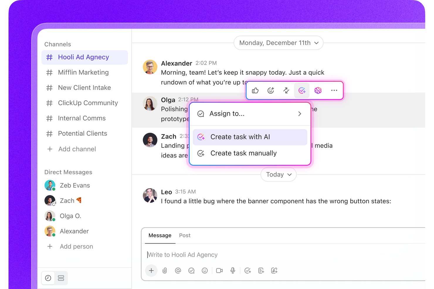 ClickUp chat interface showing AI task creation dropdown menu with options.