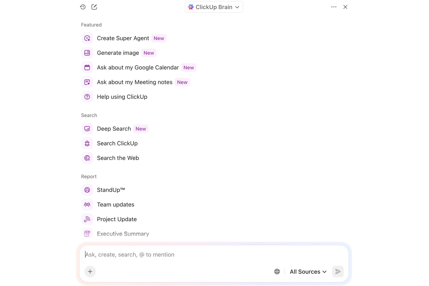 ClickUp Brain panel showing featured actions, search, and report options.