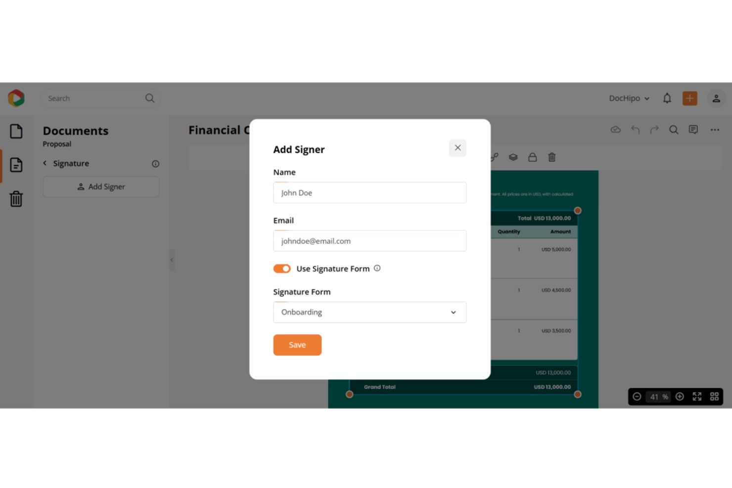 DocHipo Add Signer modal with name, email, and signature form fields.