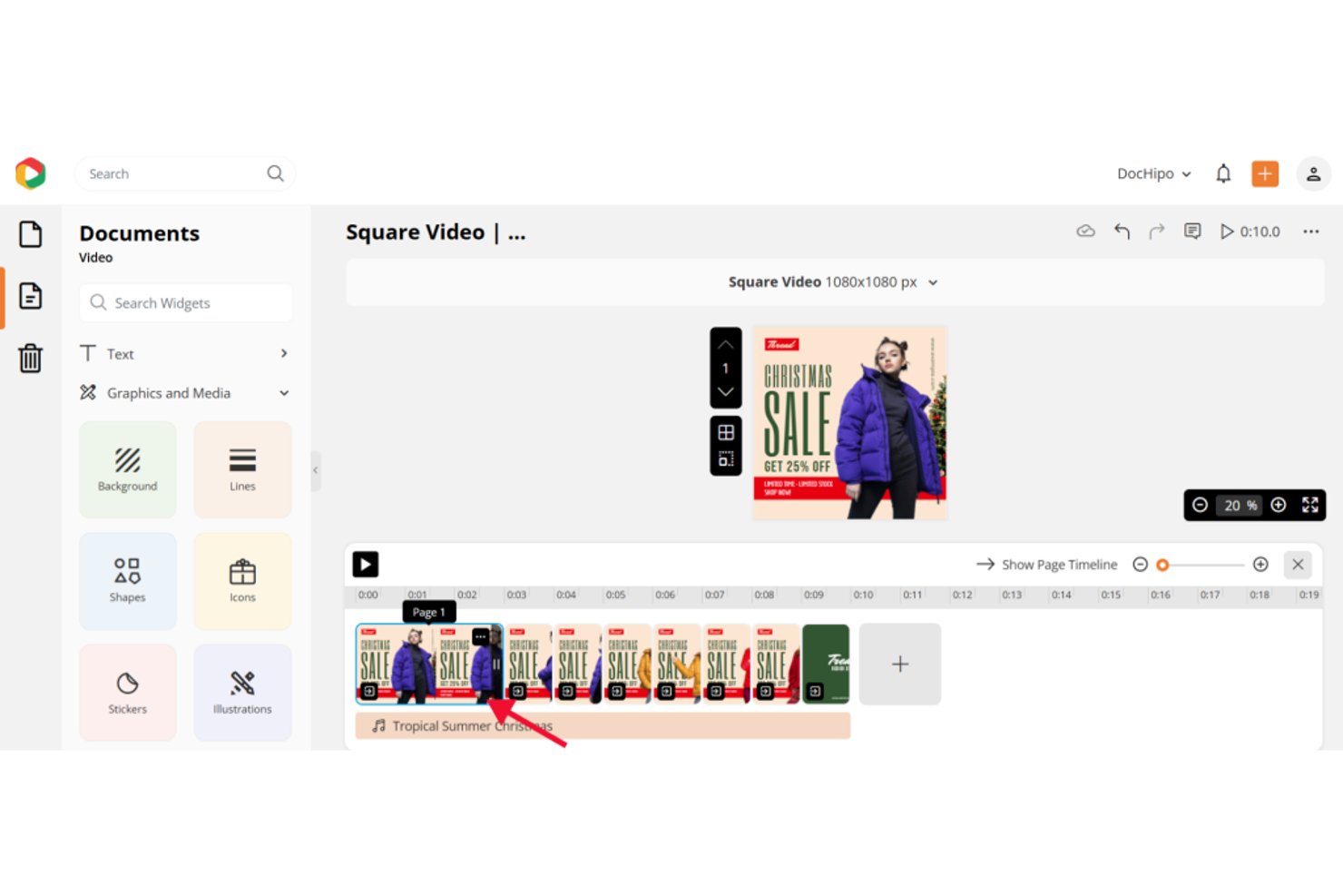 DocHipo video editor showing a Christmas Sale square video with timeline.