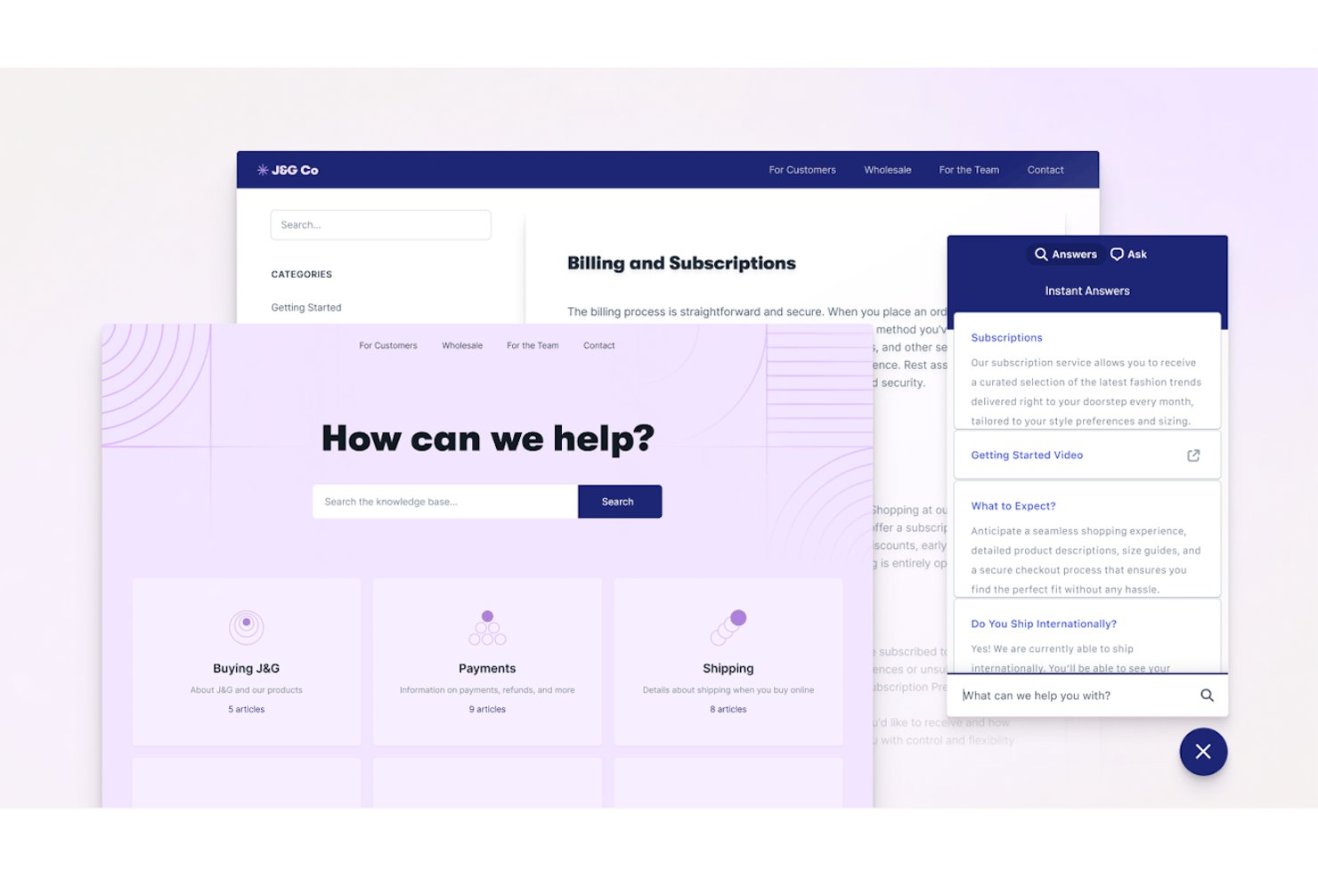 Base di conoscenza di Help Scout con widget di chat per risposte istantanee che mostra articoli per l'autoassistenza