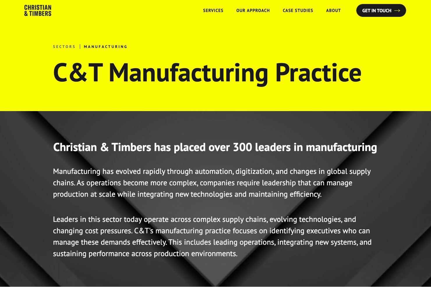Página web de la práctica manufacturera de Christian &amp; Timbers, con encabezado amarillo y fondo oscuro.