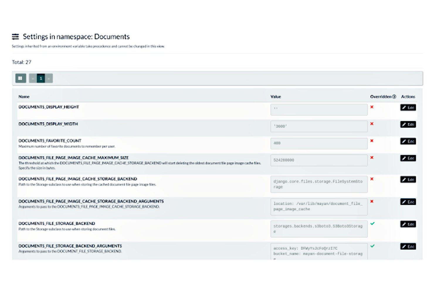 Mayan EDMS settings panel showing document storage and display configuration fields.