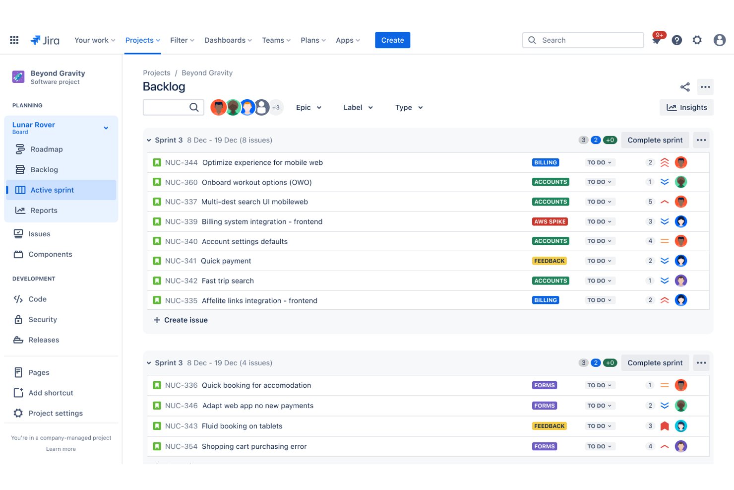 Jira screenshot - 10 bästa verktygen för produktbacklogg för prioritering 2026