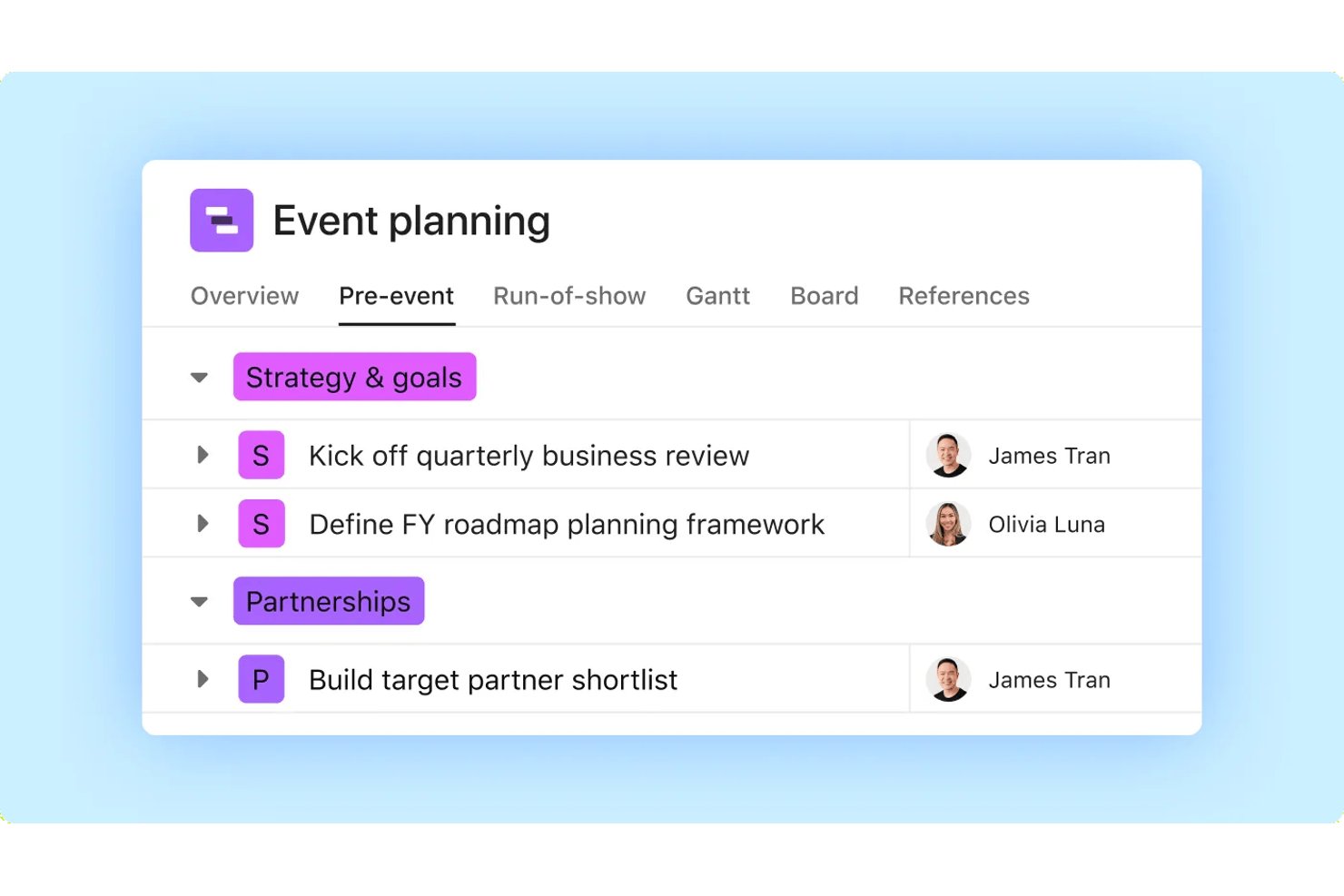 Asana event planning interface showing pre-event tasks grouped by strategy and partnerships.