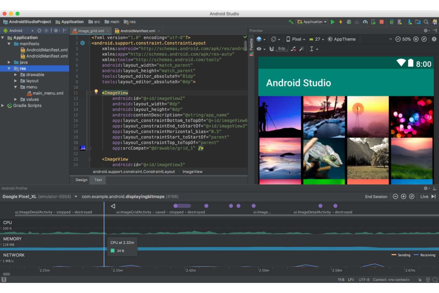 Android Studio showing XML layout editor, image grid preview, and Android Profiler with CPU and memory metrics.