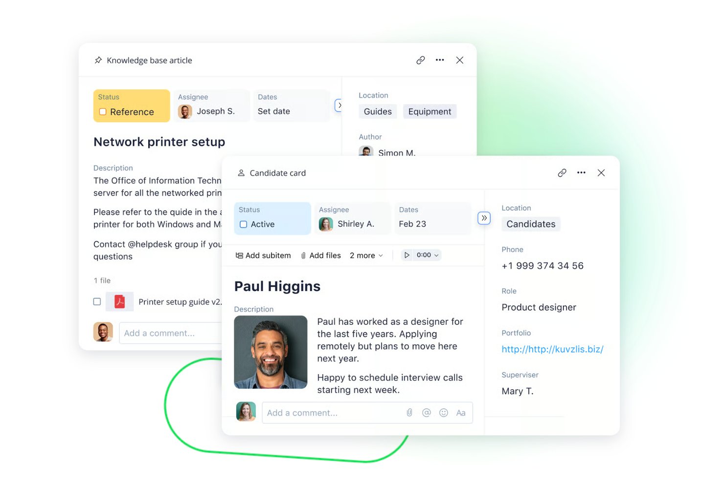 Two overlapping UI cards showing a knowledge base article and a candidate profile card.