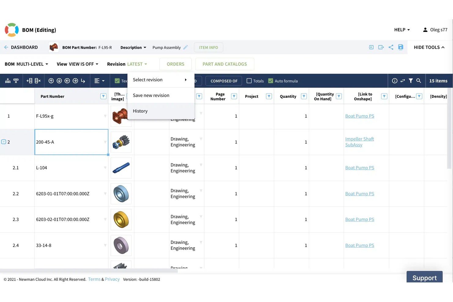 OpenBOM BOM editing interface showing multi-level assembly with revision dropdown menu open.