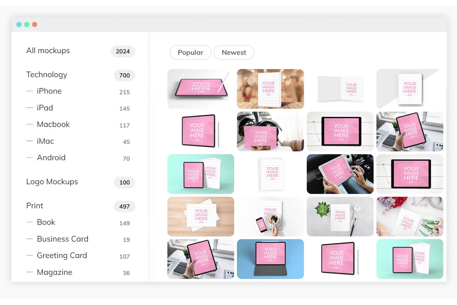 Gränssnitt för mockupbibliotek som visar kategorier som iPad, iPhone och tryck med rutnätsförhandsvisningar.