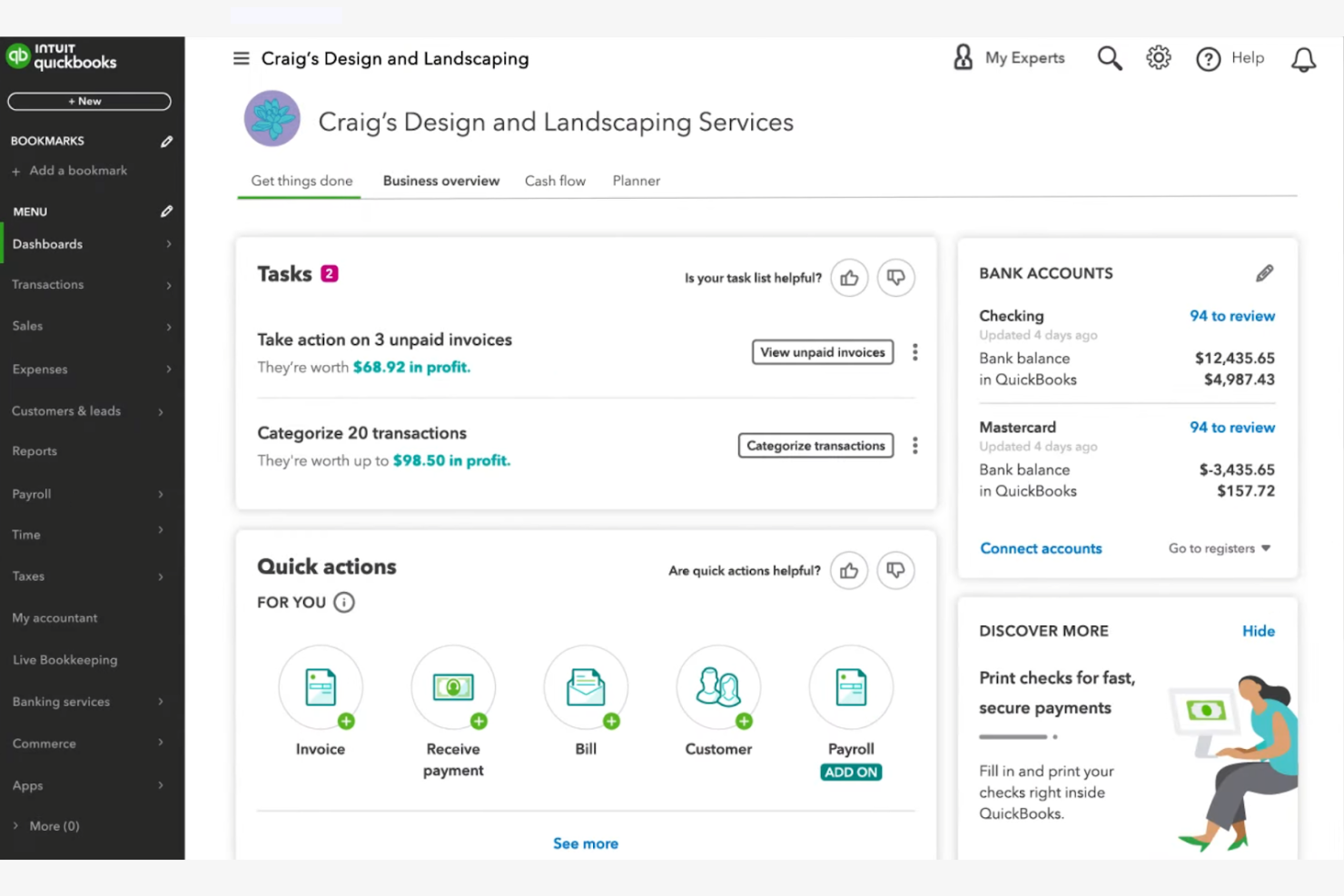 QuickBooks Online dashboard showing tasks, quick actions, and bank account balances.