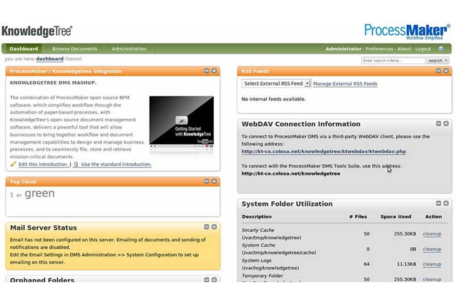 KnowledgeTree Community Edition dashboard showing document management, RSS feeds, and system folder utilization.