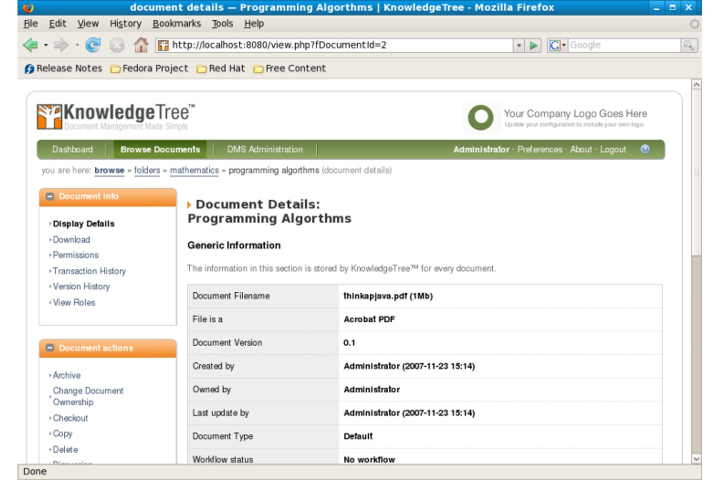 KnowledgeTree document details page showing PDF file metadata and workflow status.