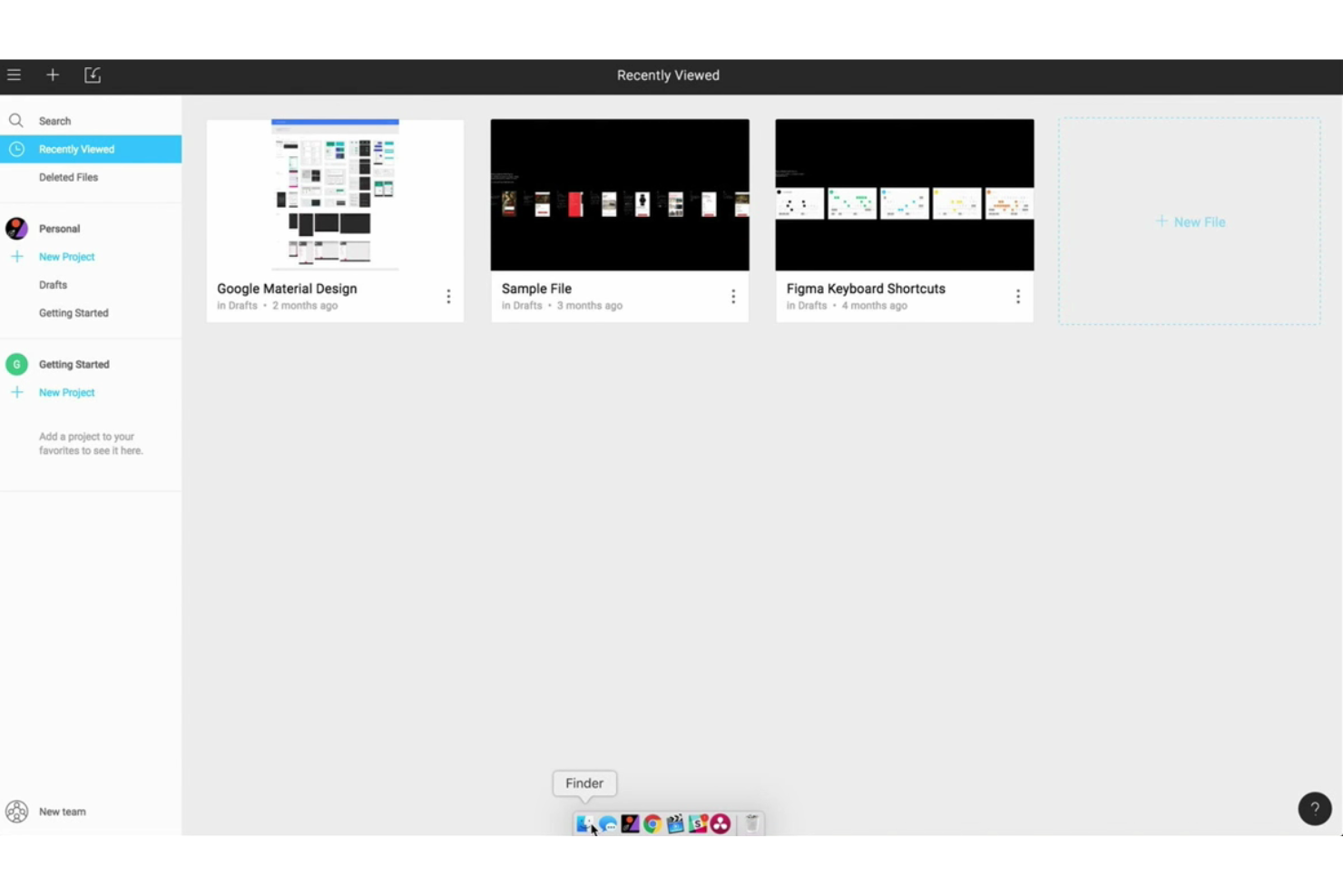 Figma desktop app showing Recently Viewed files including Google Material Design and Figma Keyboard Shortcuts.