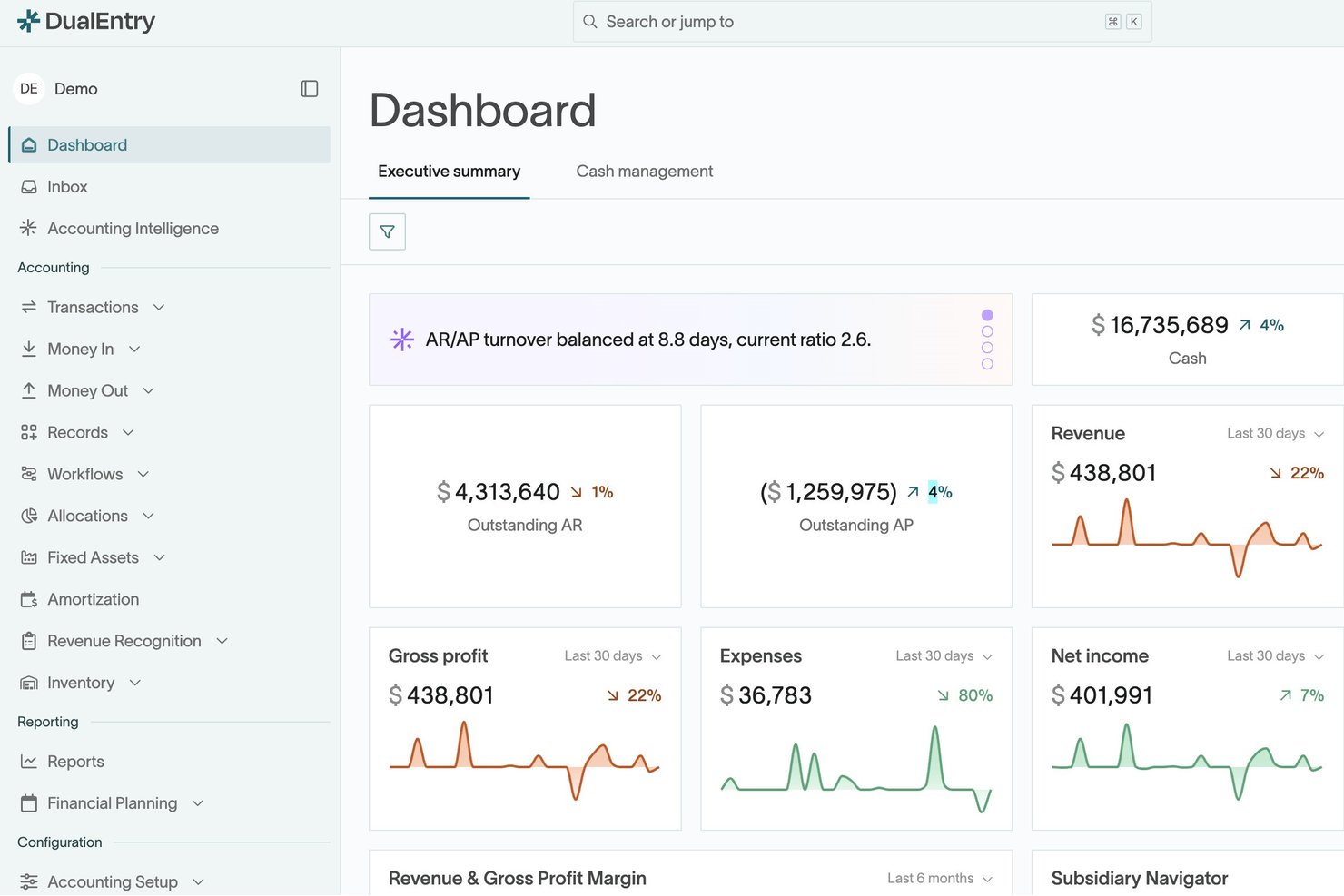 Cruscotto di DualEntry che mostra le metriche di liquidità, ricavi, crediti verso clienti, debiti verso fornitori e reddito netto.