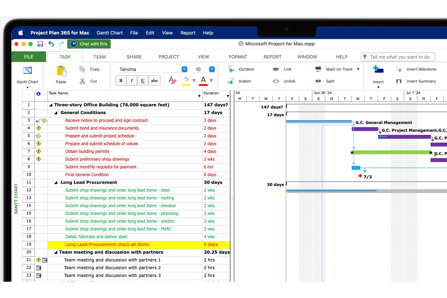 Project Plan 365 for Mac showing a Gantt chart with construction project tasks and durations.
