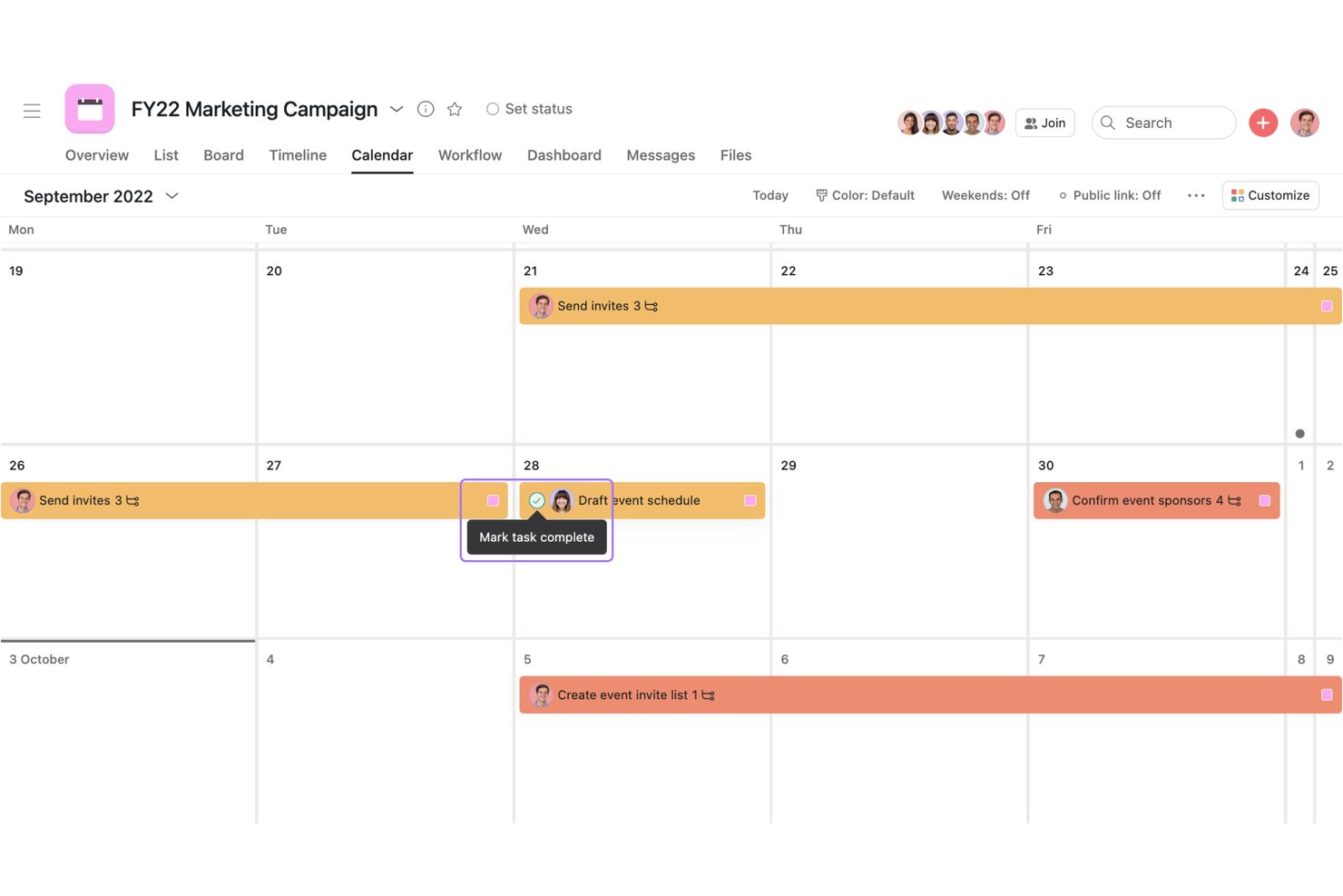 Asana calendar view showing September 2022 marketing campaign tasks with a tooltip.