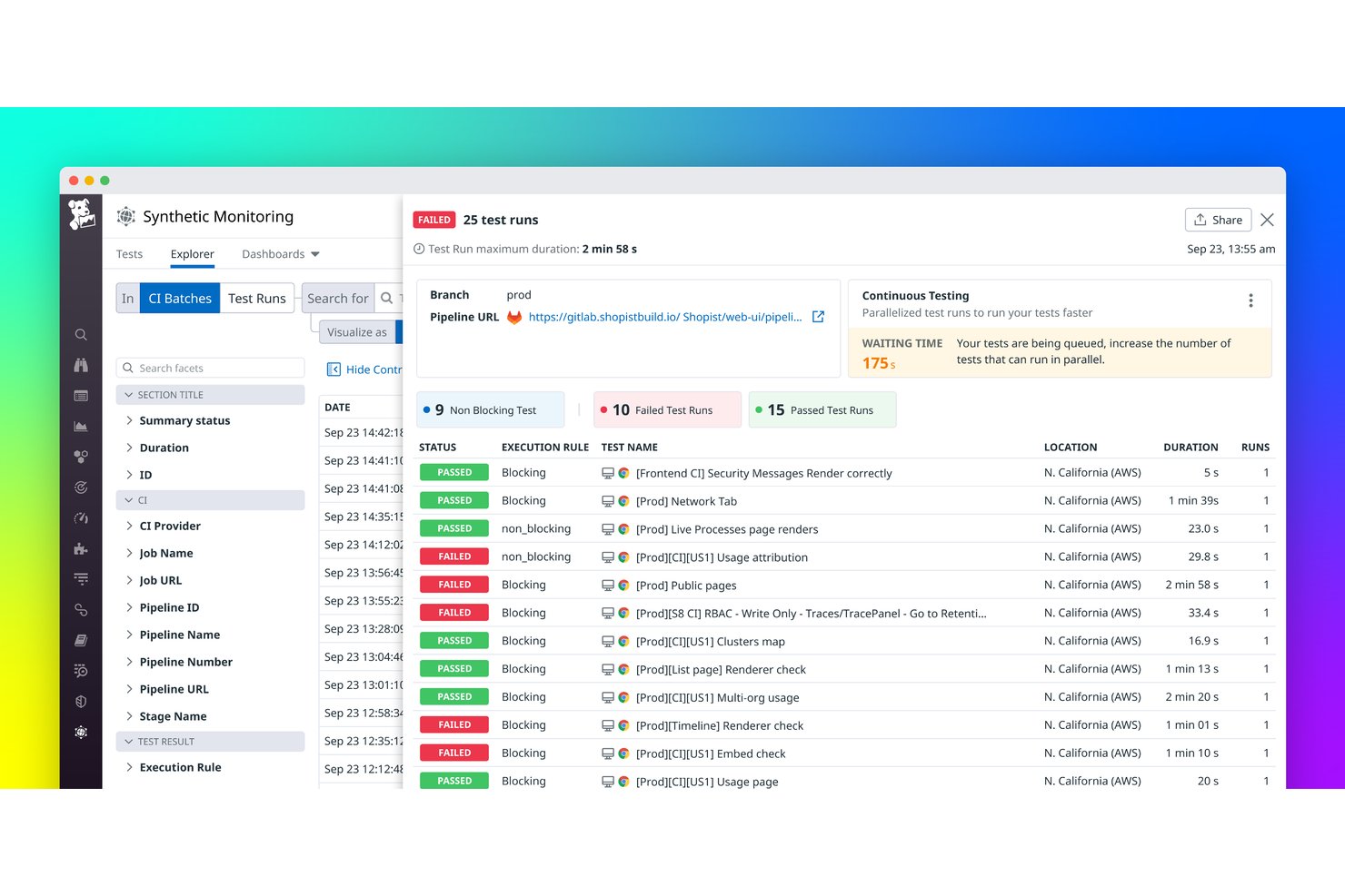 Datadog Synthetic Monitoring mostra 25 esecuzioni di test CI in batch con gli stati superato e non superato.