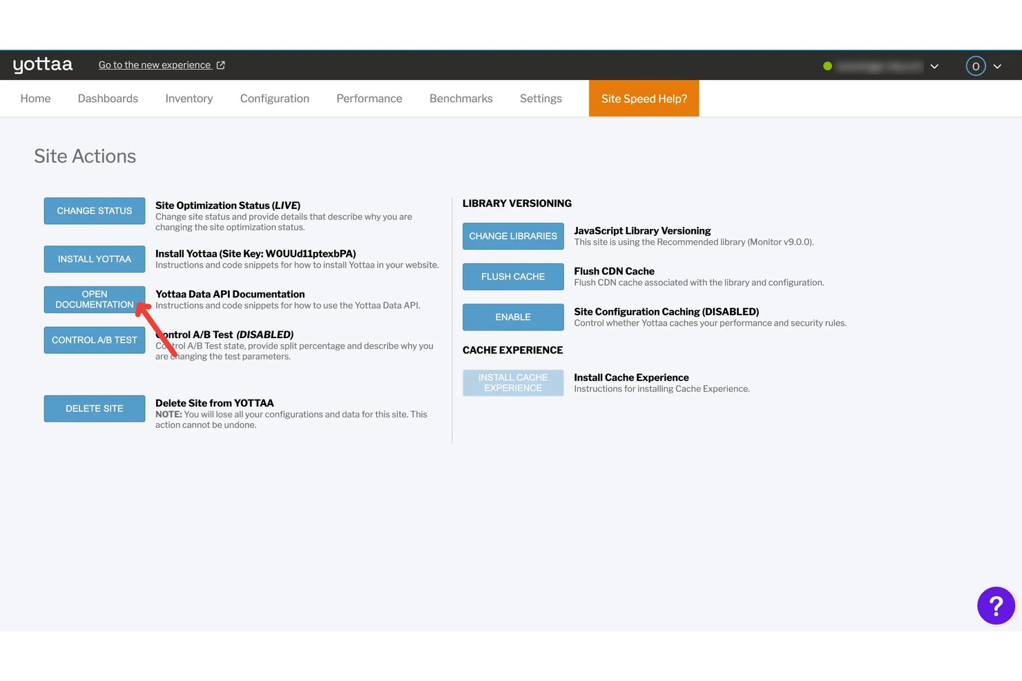 YOTTAA Site Actions dashboard showing optimization status, cache, and library versioning controls.