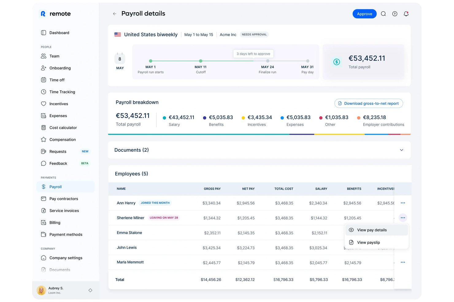 Remote payroll details dashboard showing employee pay breakdown and approval status.