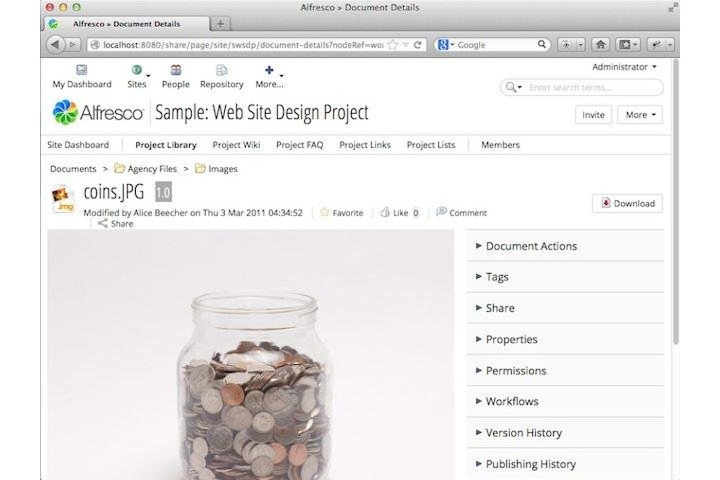 Alfresco document detail page showing a coins image with actions panel.