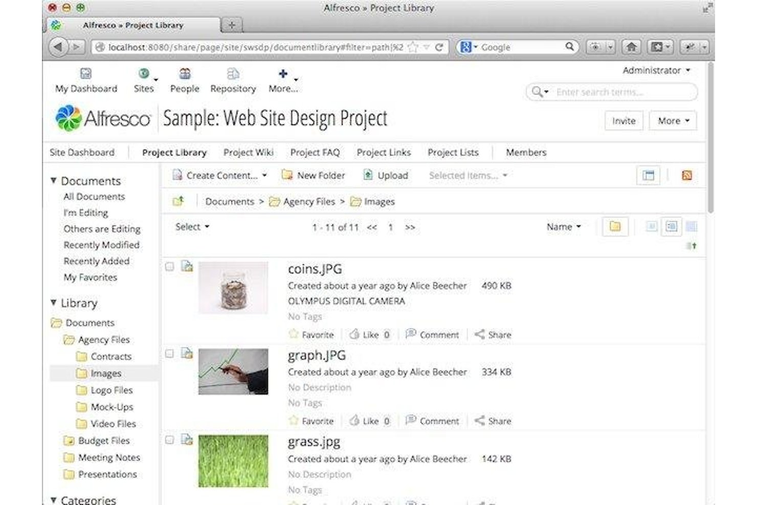 Alfresco document library showing image files in a web design project folder.