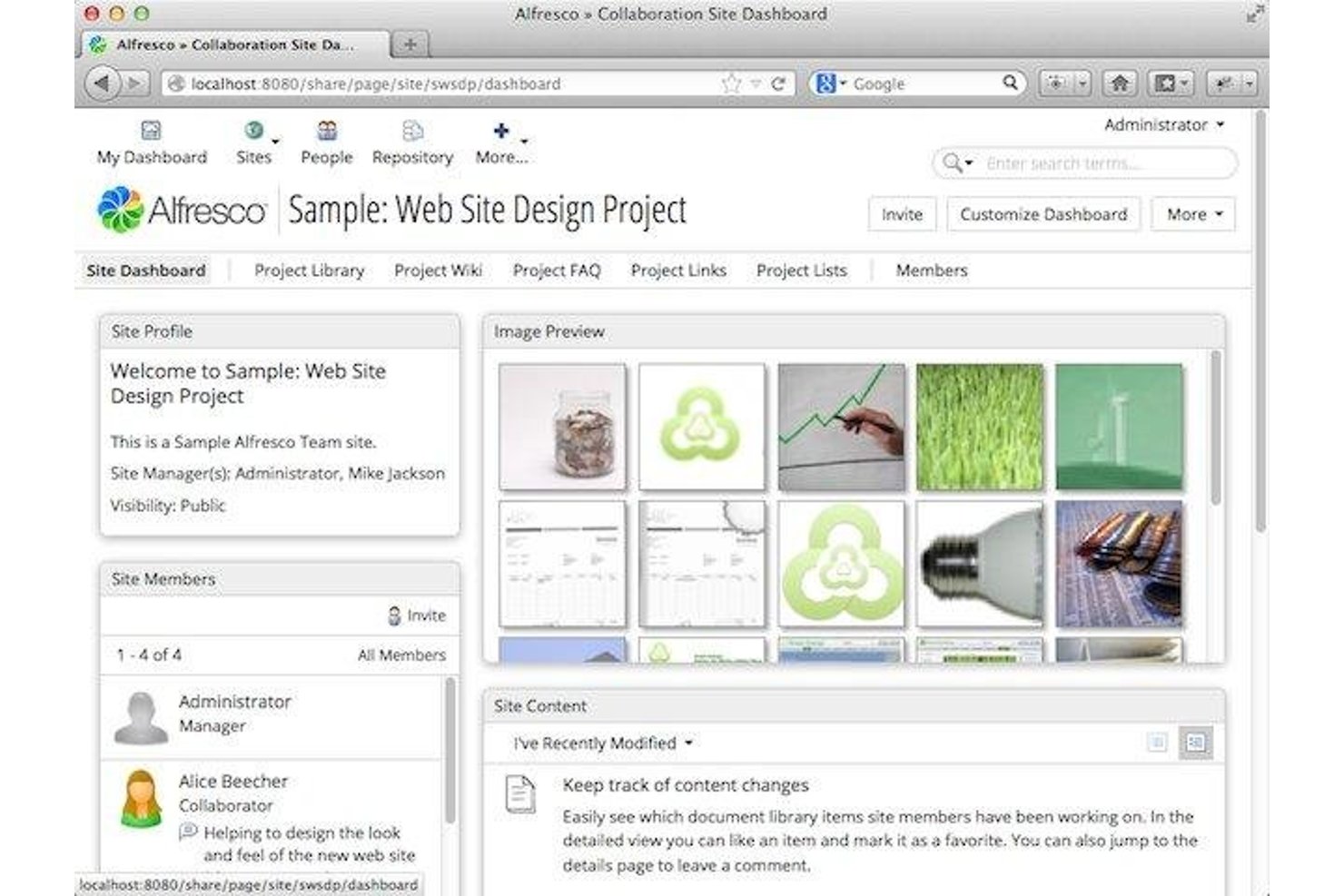 Alfresco site dashboard showing image previews, site profile, and recent content.