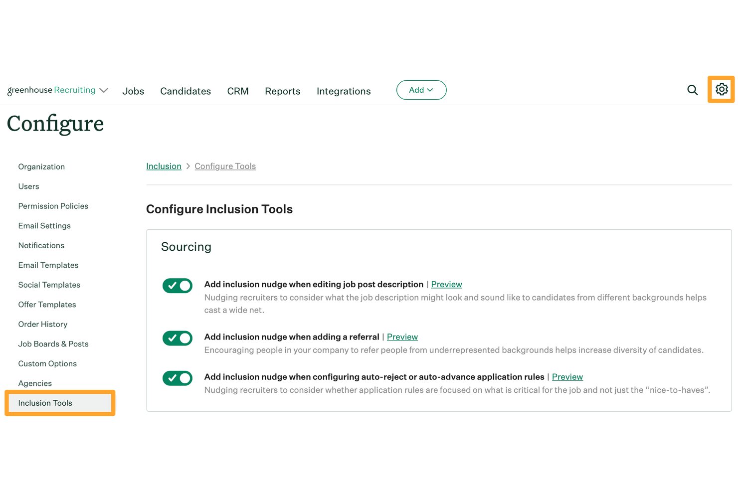 Page Configurer les outils d’inclusion de Greenhouse affichant trois boutons d’incitation à la diversité des sources activés.