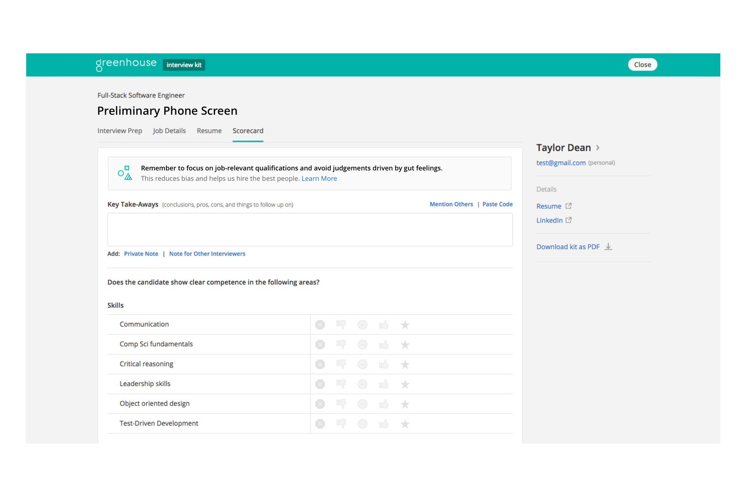 Greenhouse interview scorecard with bias-reduction prompt and skills rating fields.