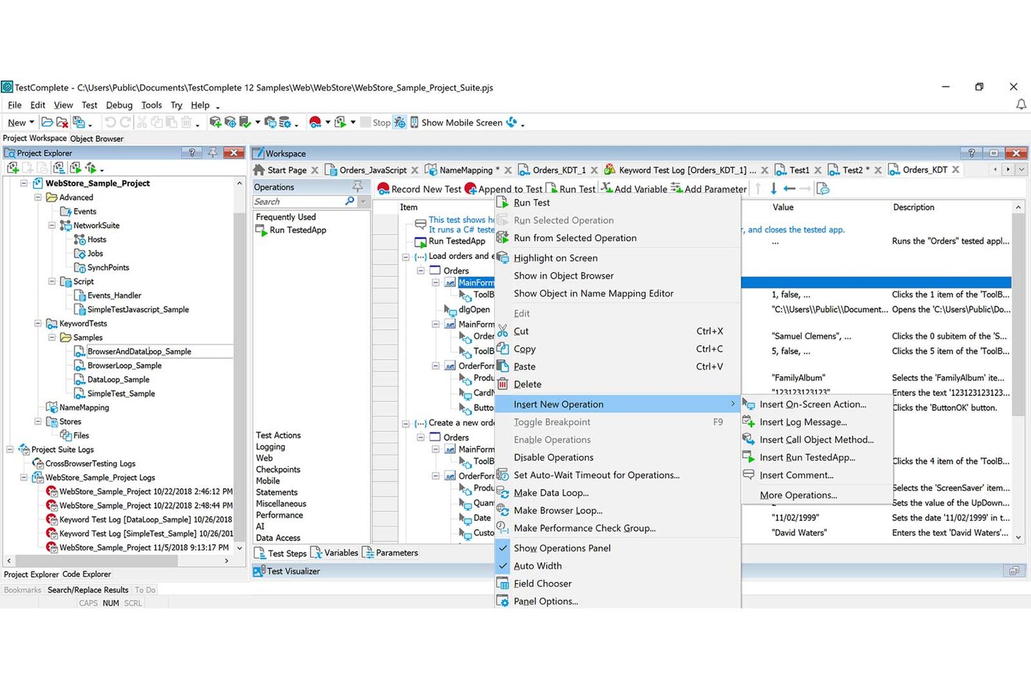TestComplete-IDE met contextmenu waarin het submenu Nieuwe bewerking invoegen geopend is tijdens het bewerken van een trefwoordtest.