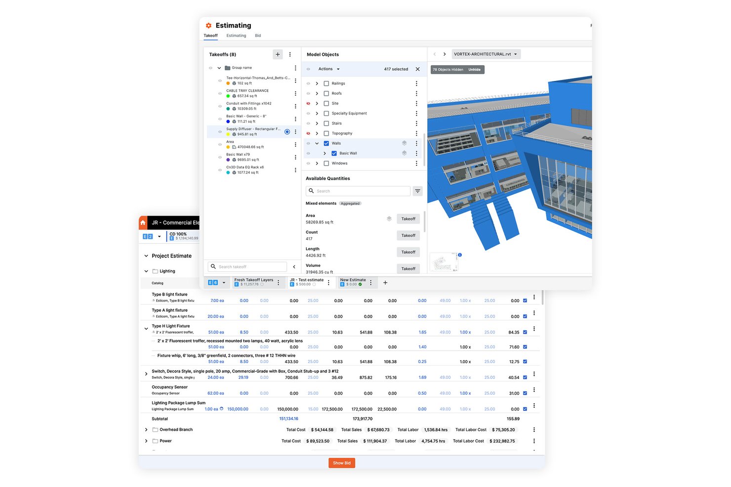 Procore estimating UI showing 3D model takeoffs linked to itemized cost breakdown.
