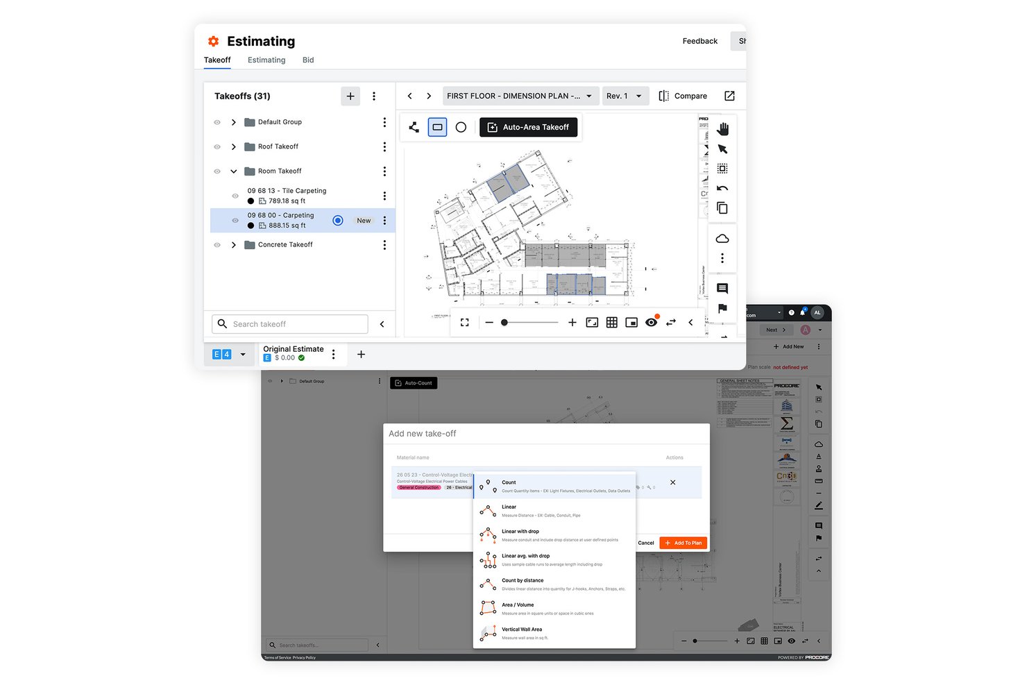 Procore estimating software showing takeoff tools and add take-off dialog on floor plan.