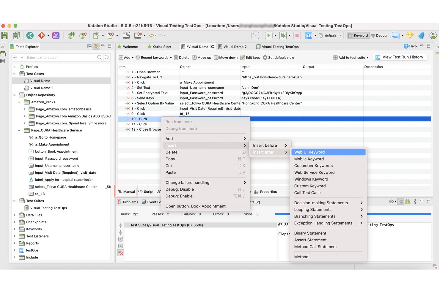 Testgevaleditor van Katalon Studio met het contextmenu dat met de rechtermuisknop is geopend en opties voor het invoegen van web-UI-trefwoorden toont.